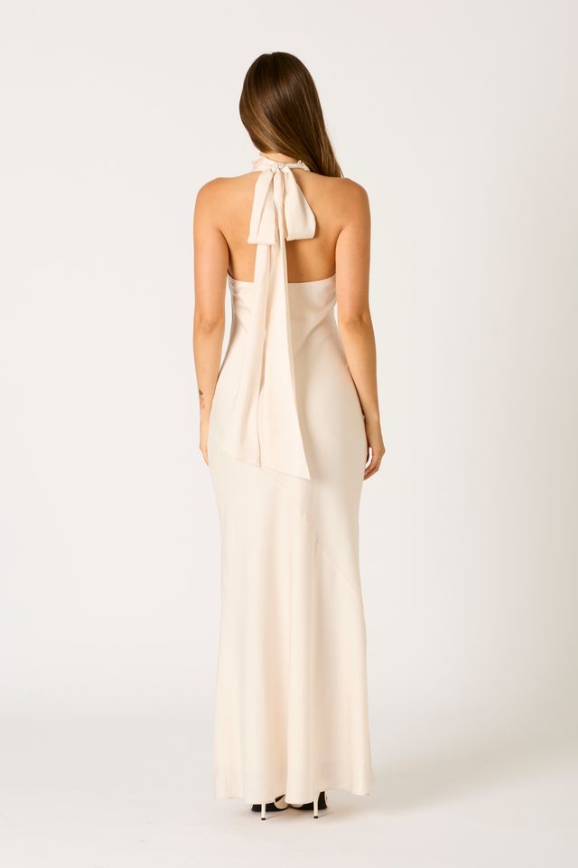 Open Back Halter Maxi Dress in cream back view