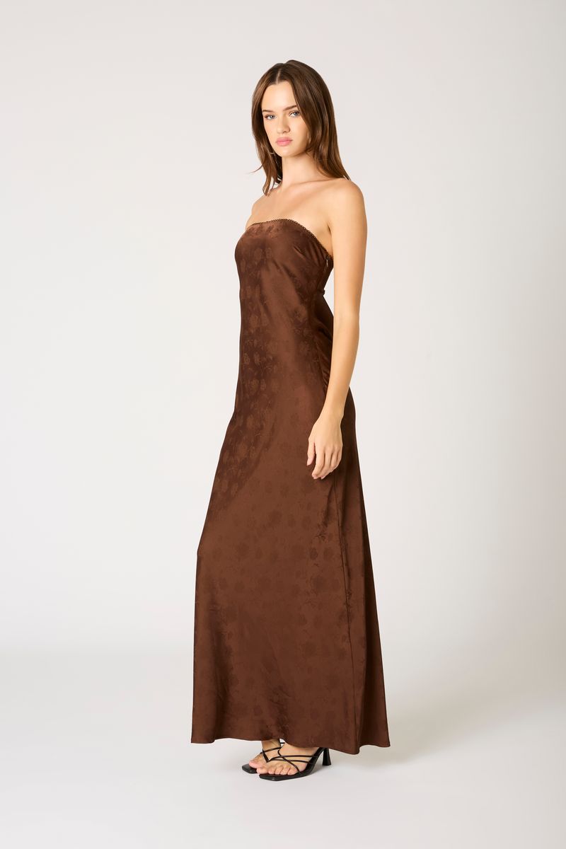 Strapless Open Cowl Back Gown in chocolate side view