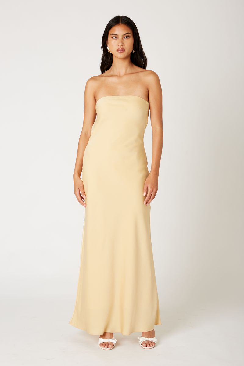 Strapless Cowl Gown in maize front view
