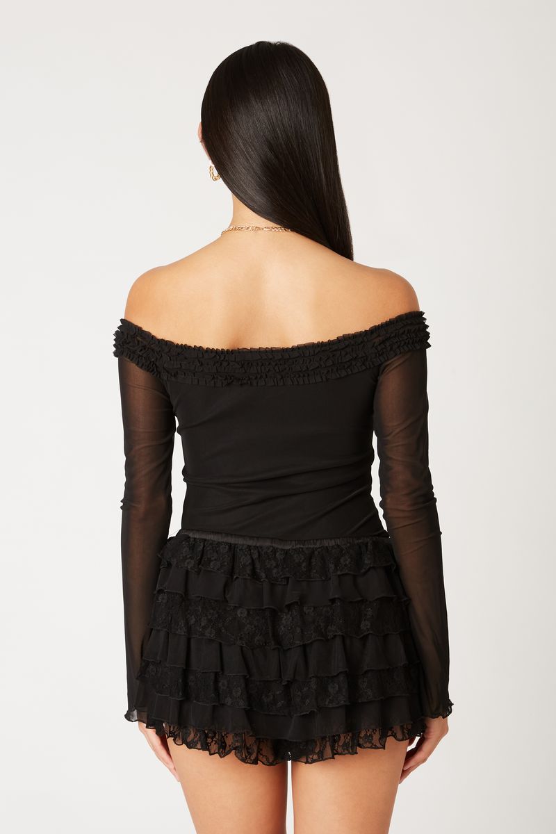 Off-The-Shoulder Ruffle Mesh Top in black back view 