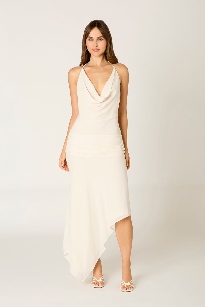 Chiffon Halter Midi Dress in ivory front view