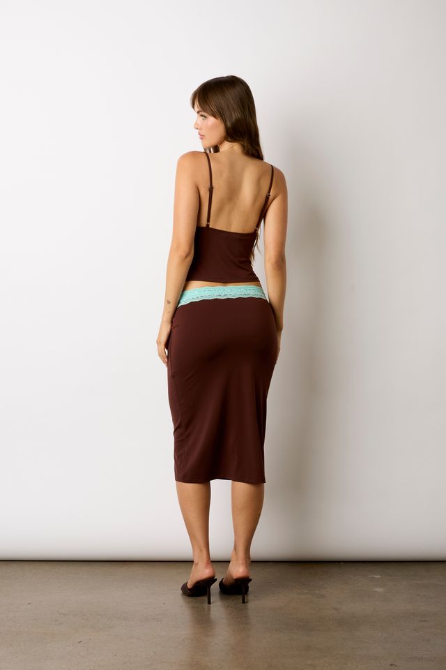 Lace Trim Cami Top in chocolate back side view