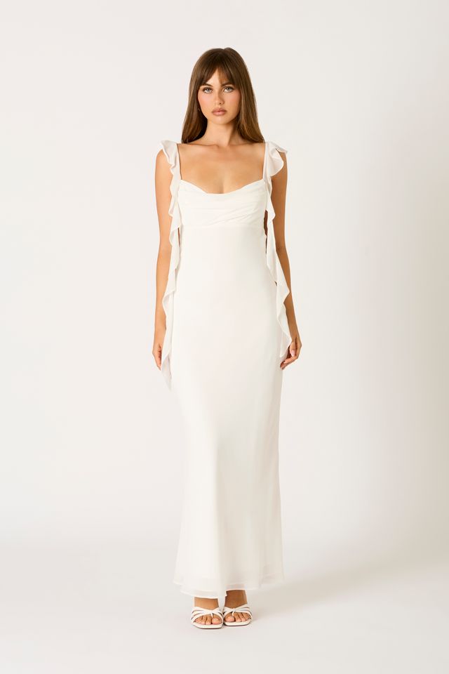 Waterfall Ruffle Maxi Dress in white front view