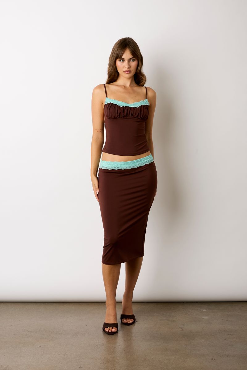 Lace Trim Midi Skirt in chocolate front view