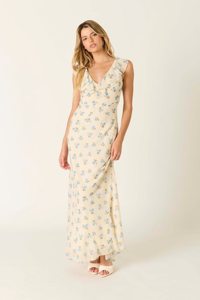 Ruffle Trim Floral Maxi Dress in butter front view
