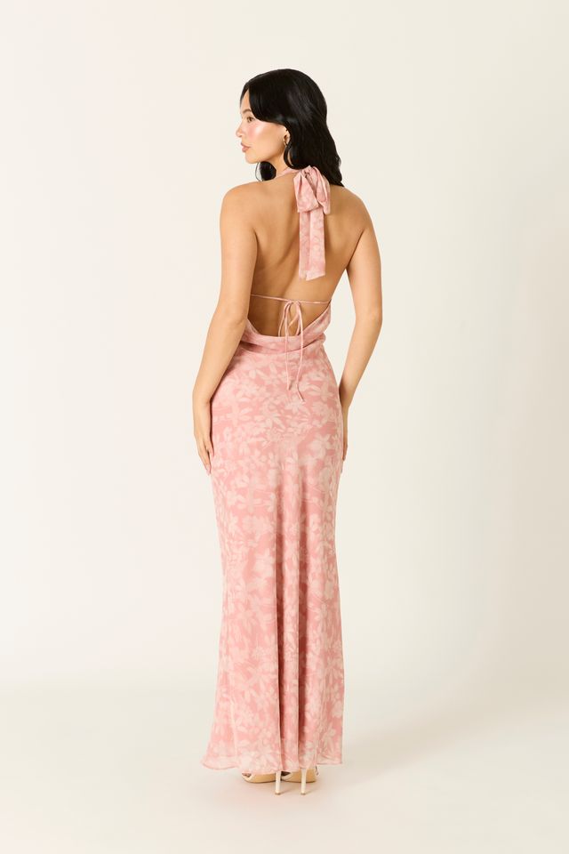 Floral Halter Maxi Dress in coral sands back side view