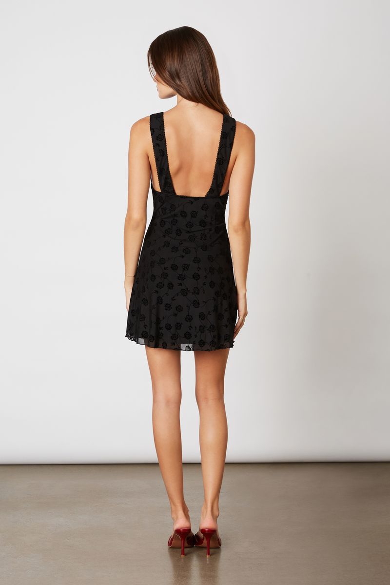 Flocked Velvet Mesh Mini Dress in black back view