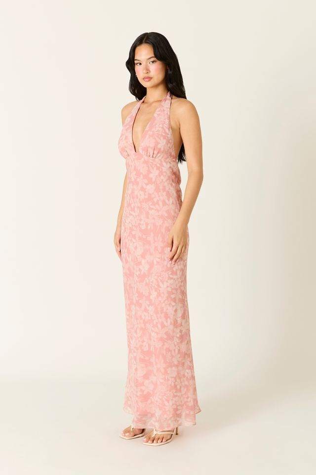 Floral Halter Maxi Dress in coral sands side view