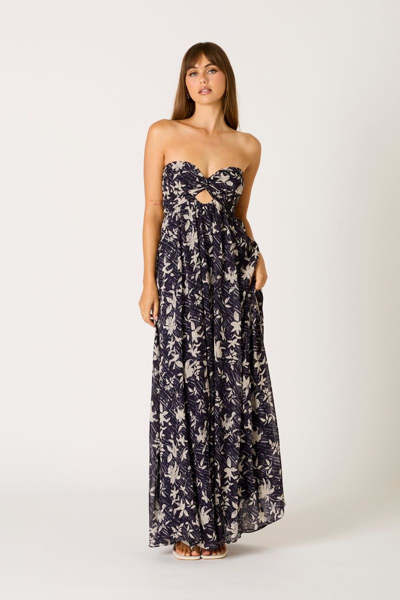 Floral Strapless Maxi Dress in ink front view