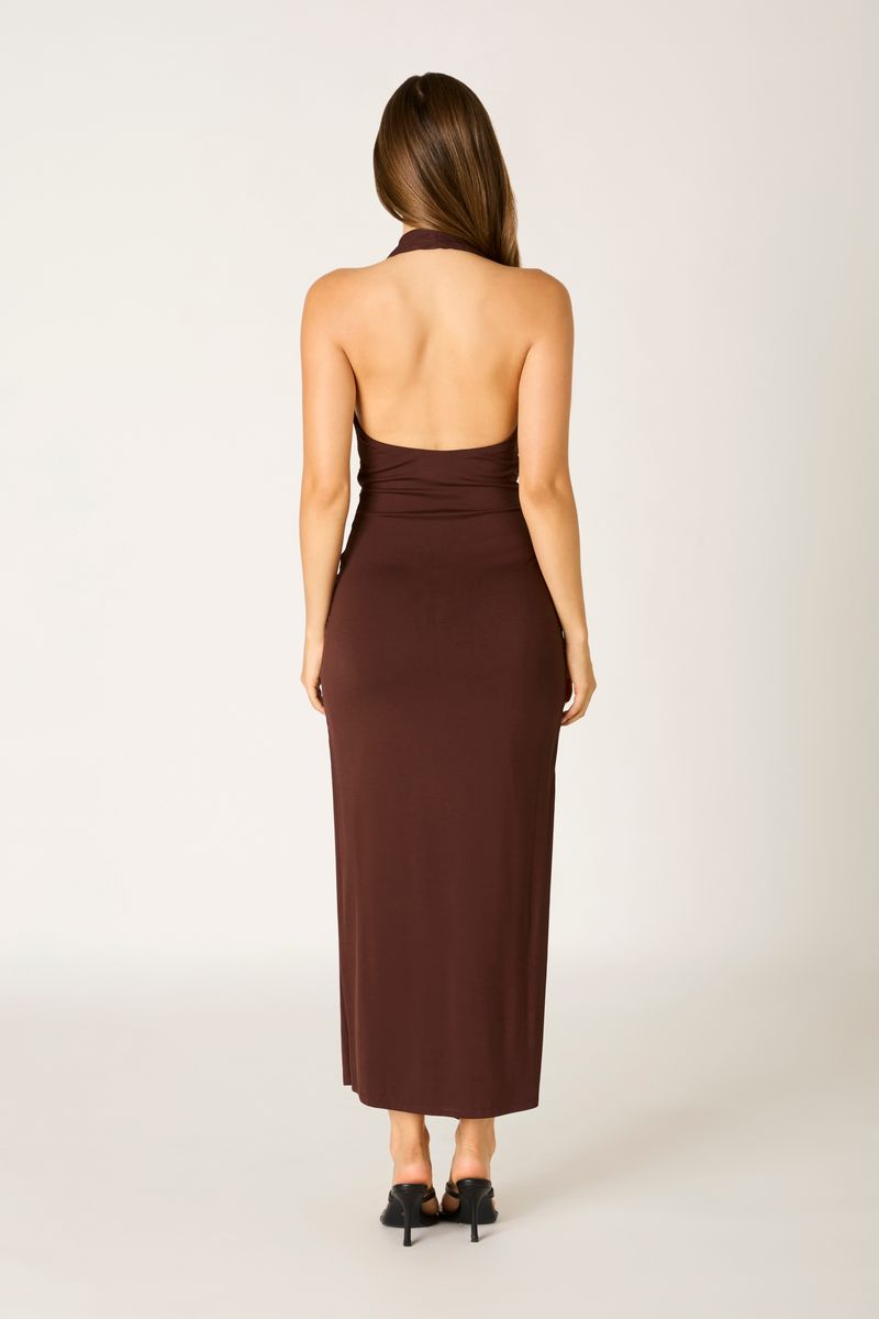 Jersey Halter Midi Dress in chocolate back view