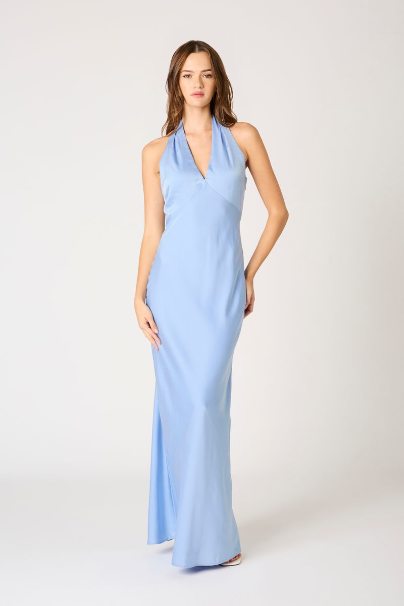 Plunge Halter Bias Gown in slate blue front view