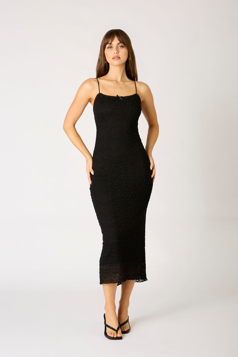 Textured Midi Dress in black front view