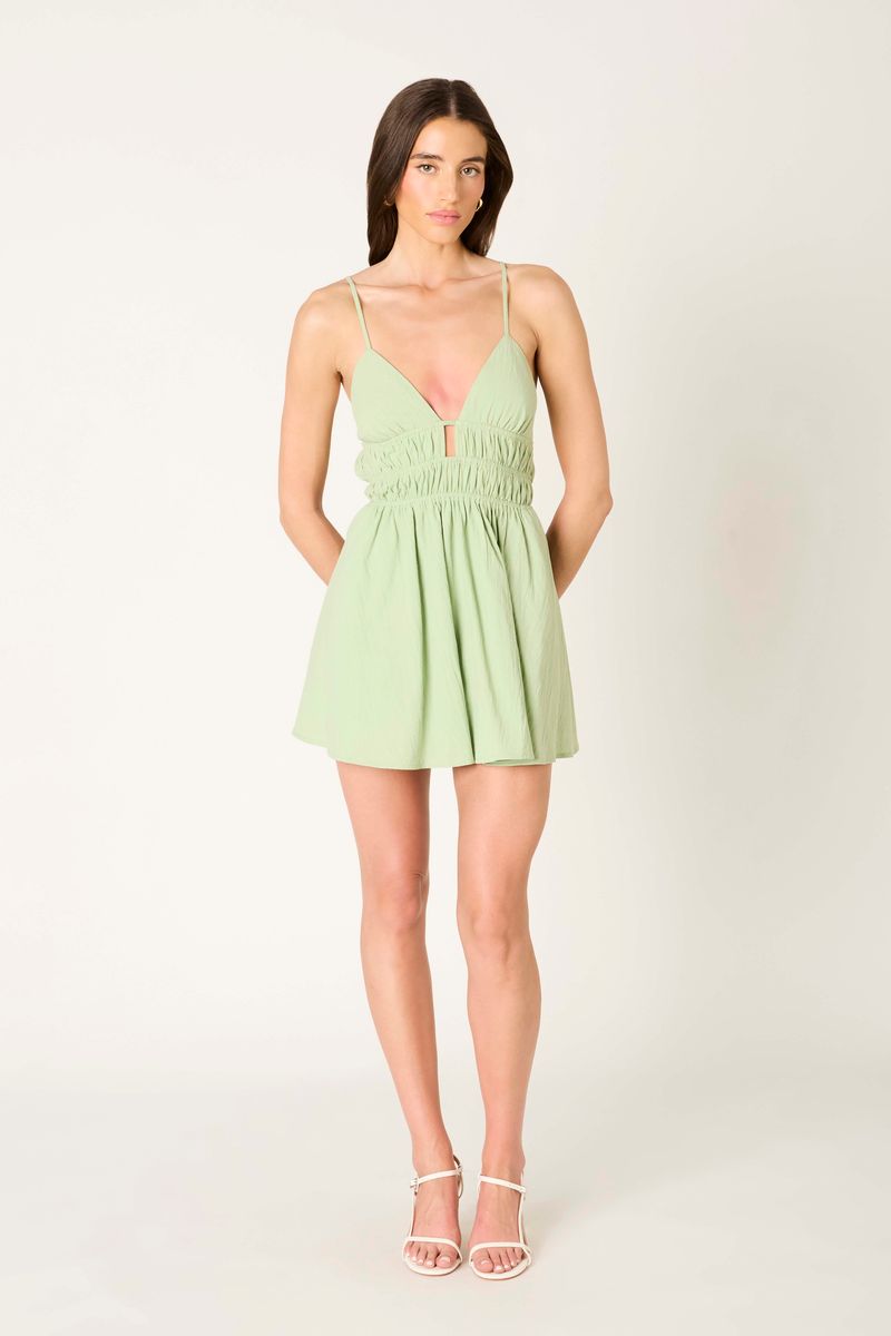 Flared Smocked Mini Dress in sage front view