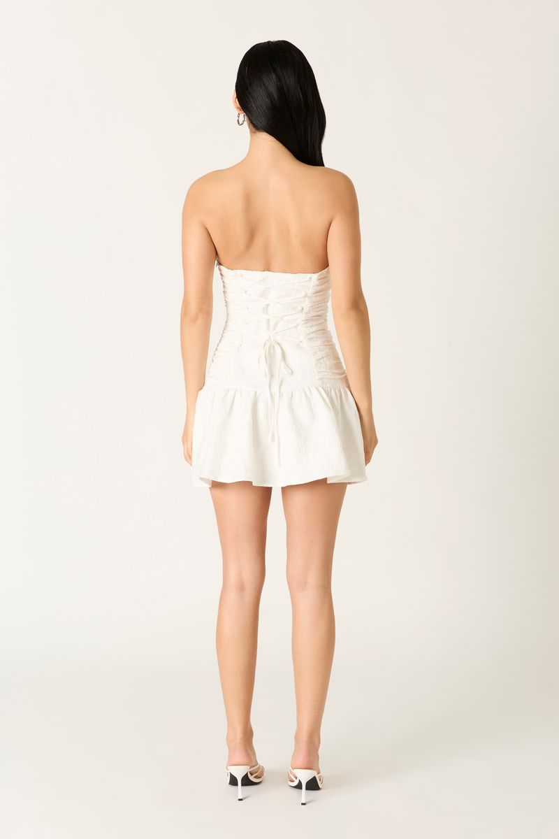 Ruched Drop Waist Mini Dress in white back view