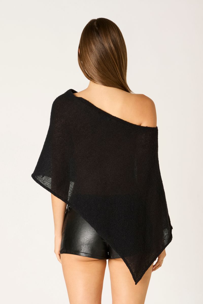 Asymmetric Sheer Knit Poncho in black back view