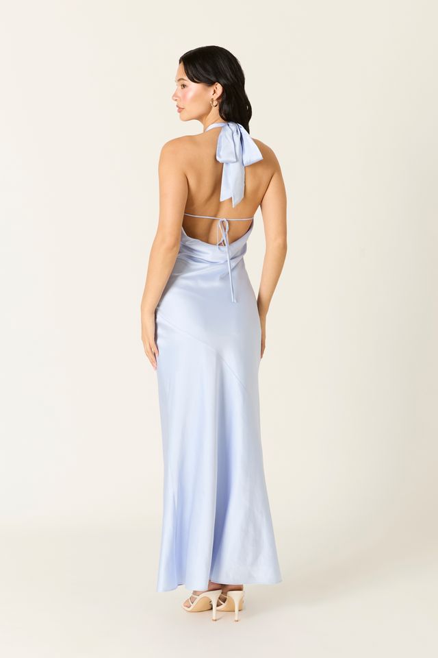 Satin Keyhole Maxi Dress in slate blue back view
