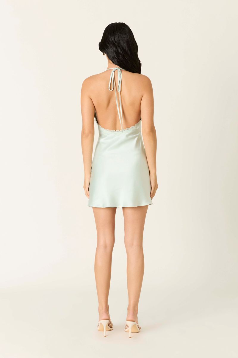 Lace Trim Satin Mini Dress in mint back view