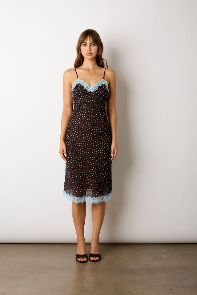 Polka Dot Midi Slip Dress in brown front view