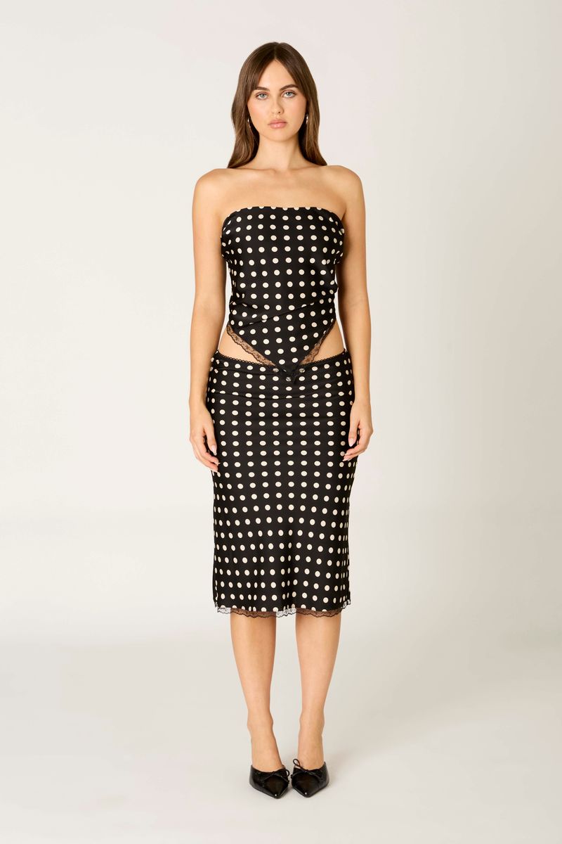 Satin Polka Dot Bandeau Top in black front view