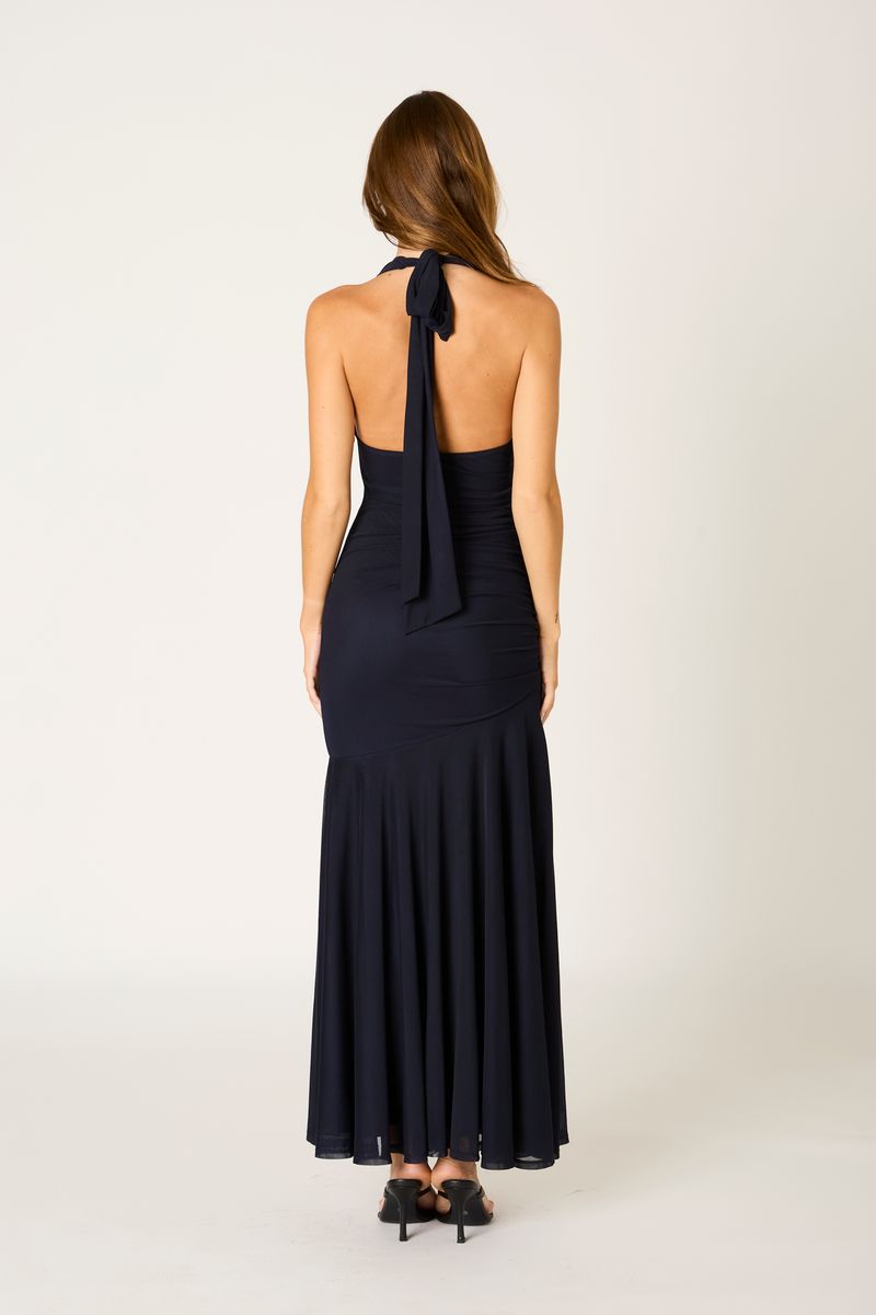 Stretch Mesh Halter Gown in midnight back view