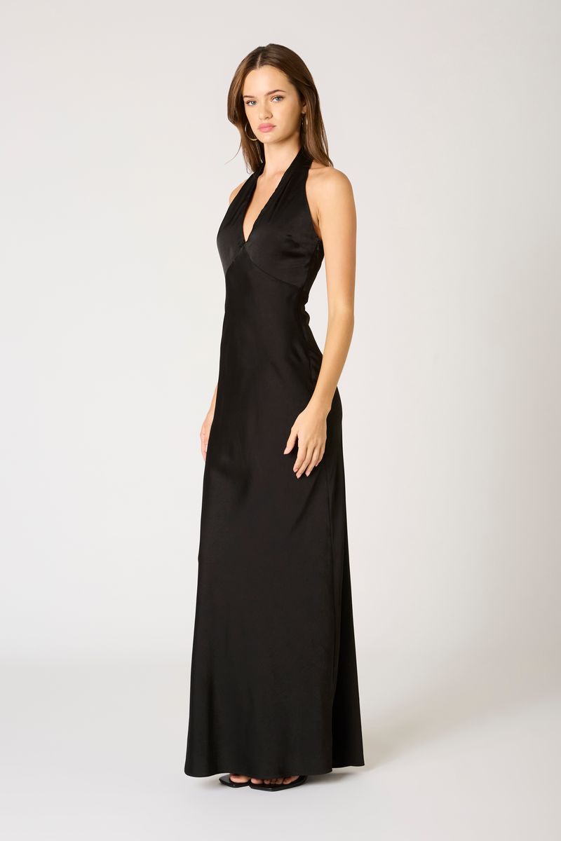 Plunge Halter Bias Gown in black side view