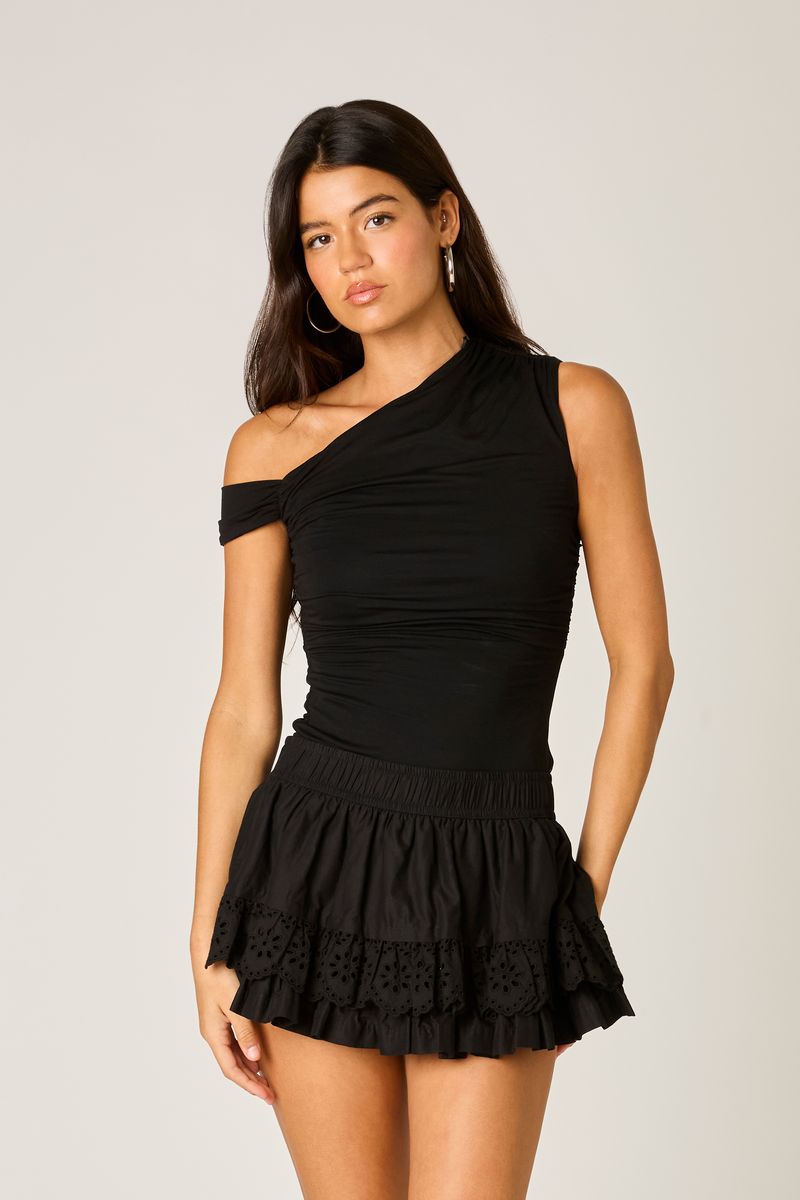 Eyelet Ruffle Mini Skirt in black front view