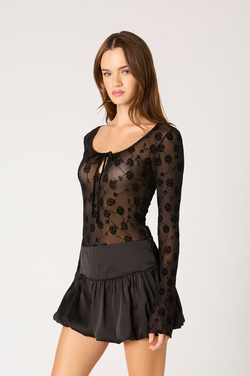 Flocked Velvet Mesh Top in black side view