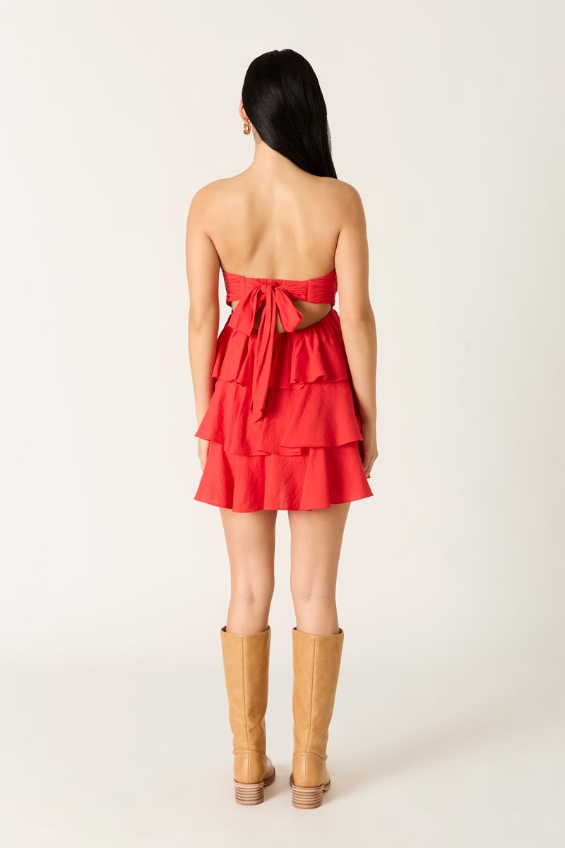 Strapless Tiered Mini Dress in red back view