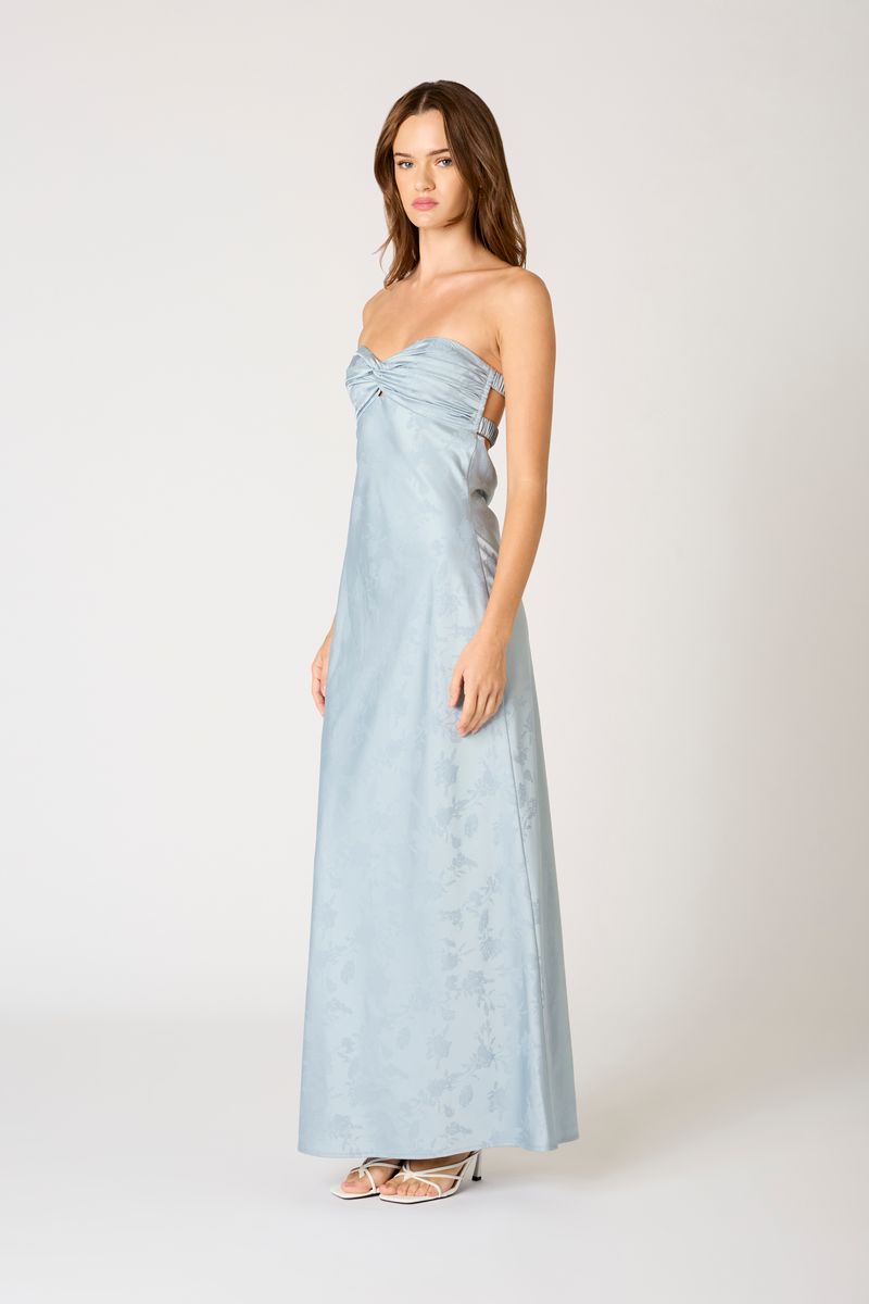 Jacquard Strapless Satin Maxi Dress in slate blue side view