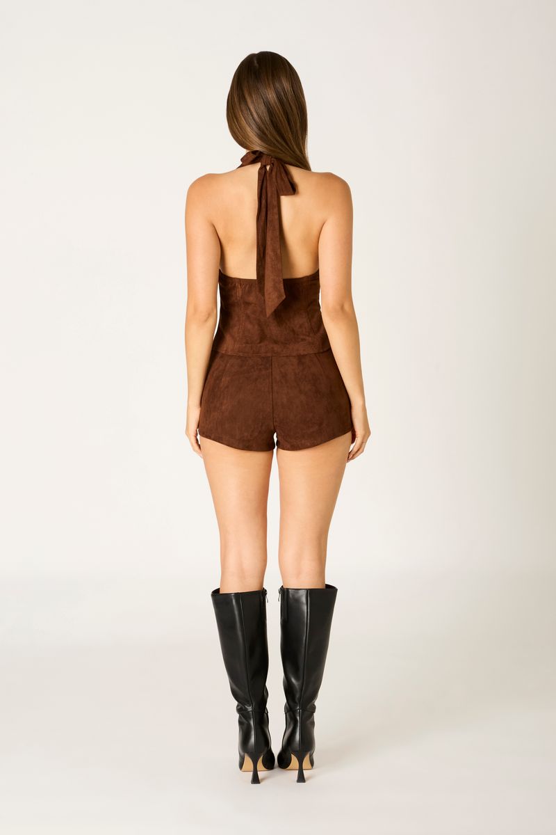 Faux Suede Shorts in chocolate back view