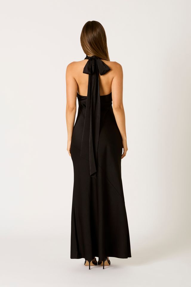 Open Back Halter Maxi Dress in black back view