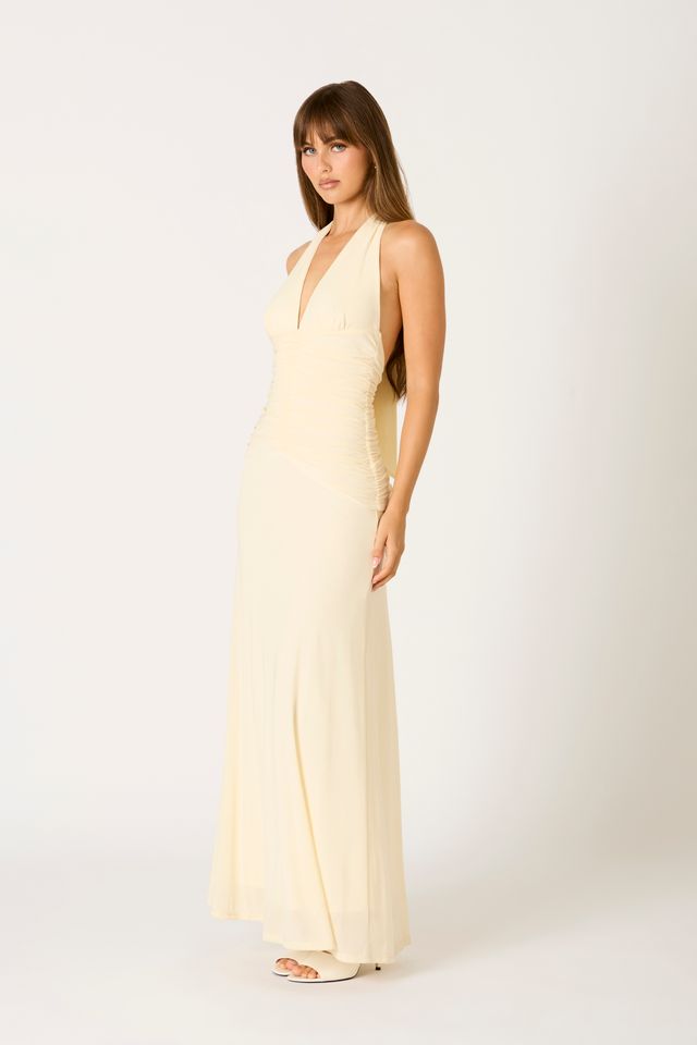 Ruched Halter Maxi Dress in cream side view