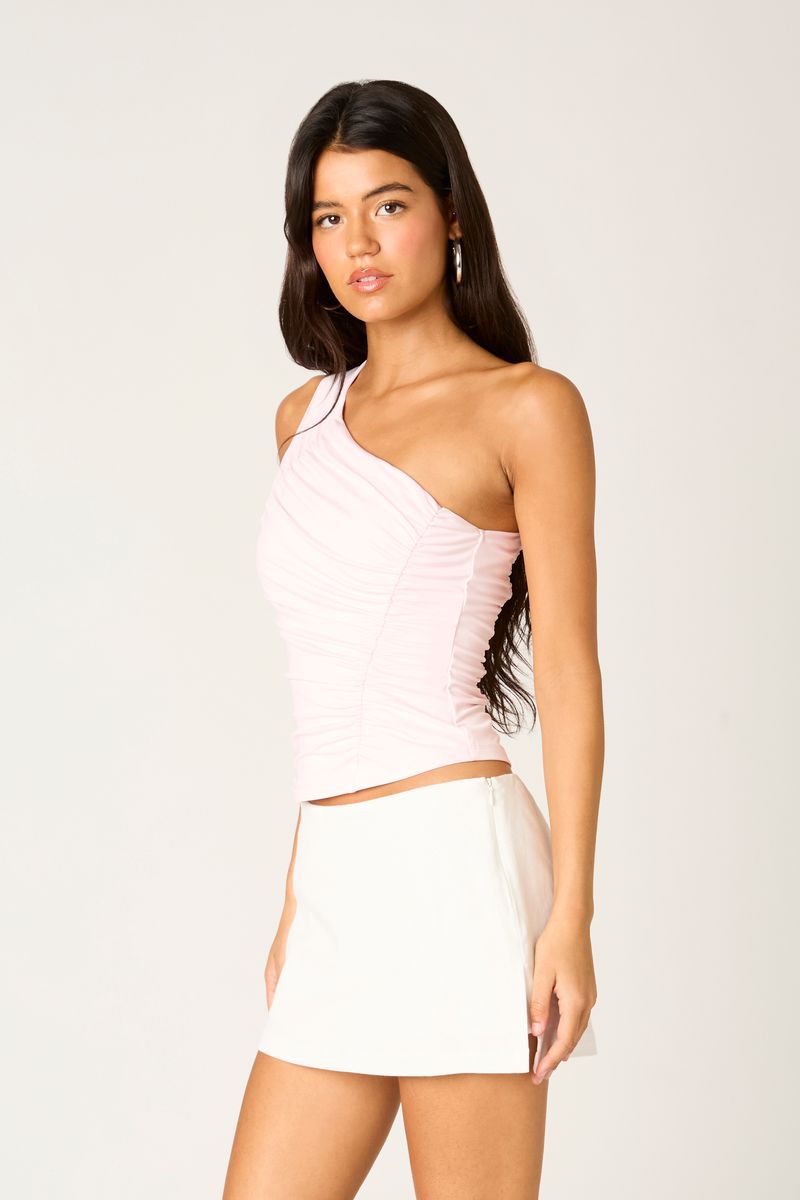 Asymmetrical Ruched Top in petal pink side view