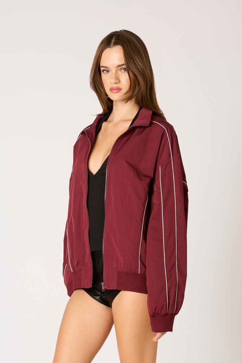 Nylon Bomber Jacket in burgundy side view