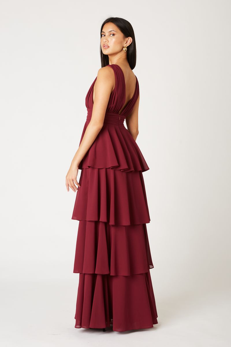 Plunging Tiered Gown in burgandy side view