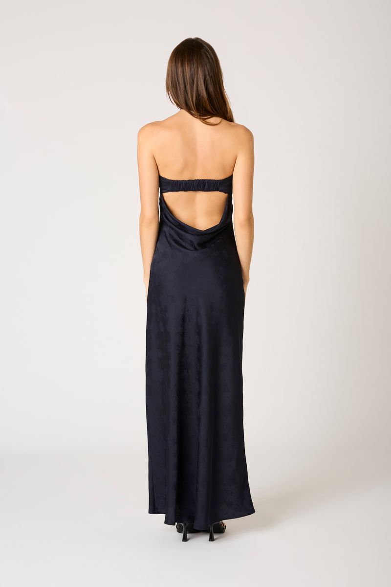 Strapless Open Cowl Back Gown in navy back view