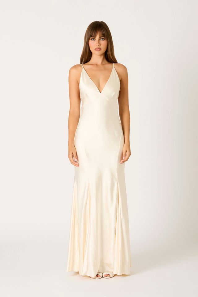 Satin Flared Maxi Dress in ivory front view