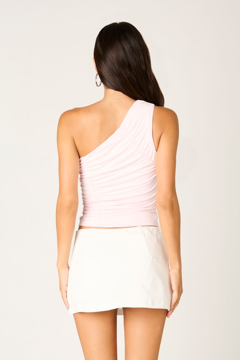 Asymmetrical Ruched Top in petal pink back view