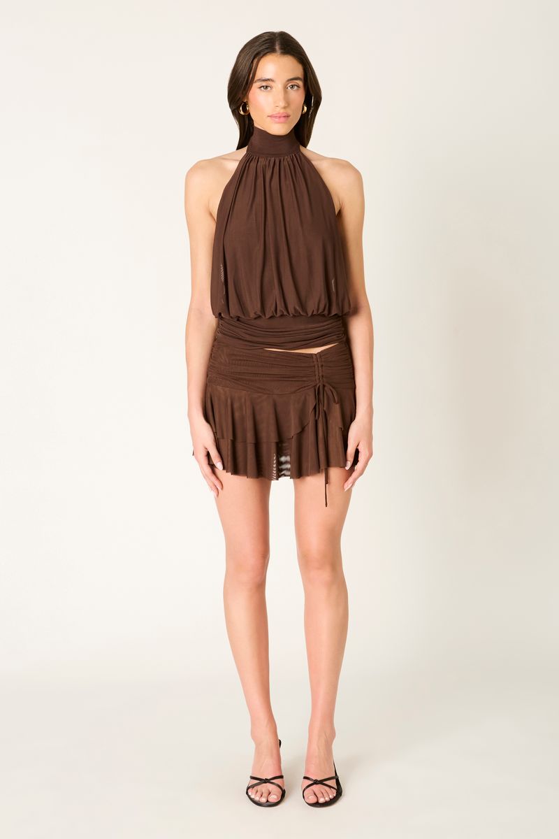 Tiered Mesh Mini Skirt in chocolate front view