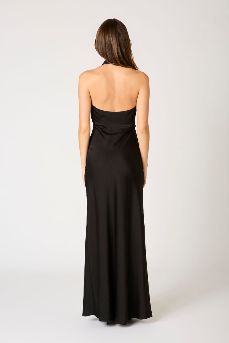 Plunge Halter Bias Gown in black back view