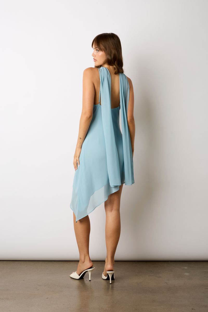 Asymmetrical Chiffon Mini Dress in celadon back side view
