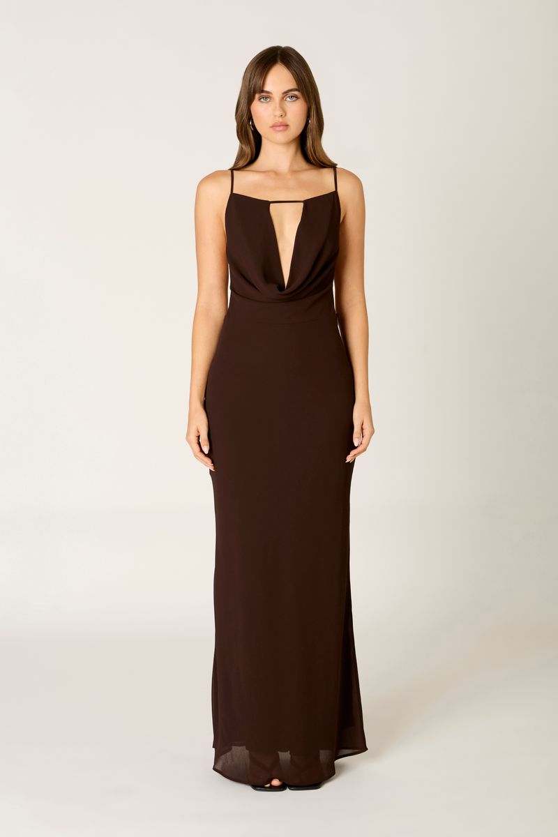 Draped Column Maxi Dress in coffee front view