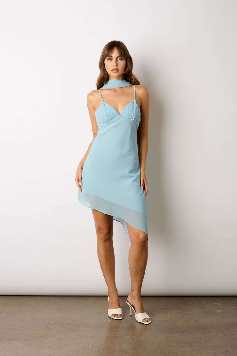 Asymmetrical Chiffon Mini Dress in celadon front view