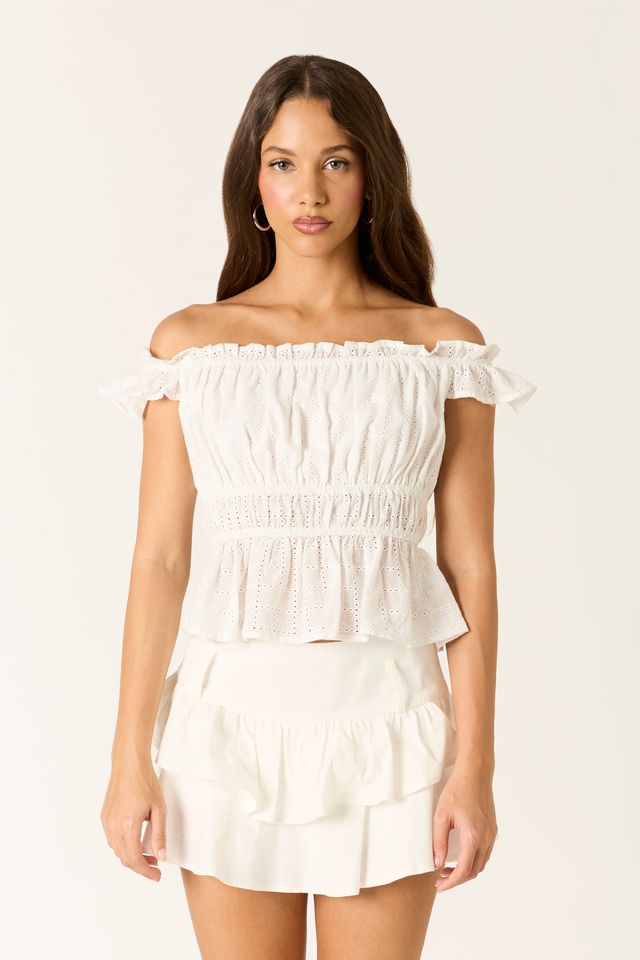 Off-The-Shoulder Eyelet Top in white front view