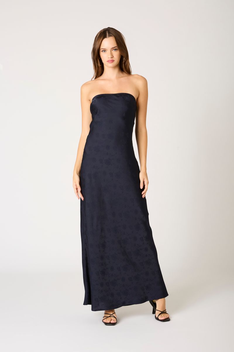 Strapless Open Cowl Back Gown in navy front view