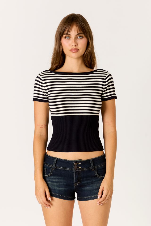 Striped Knit Sweater Top in navy/white front view