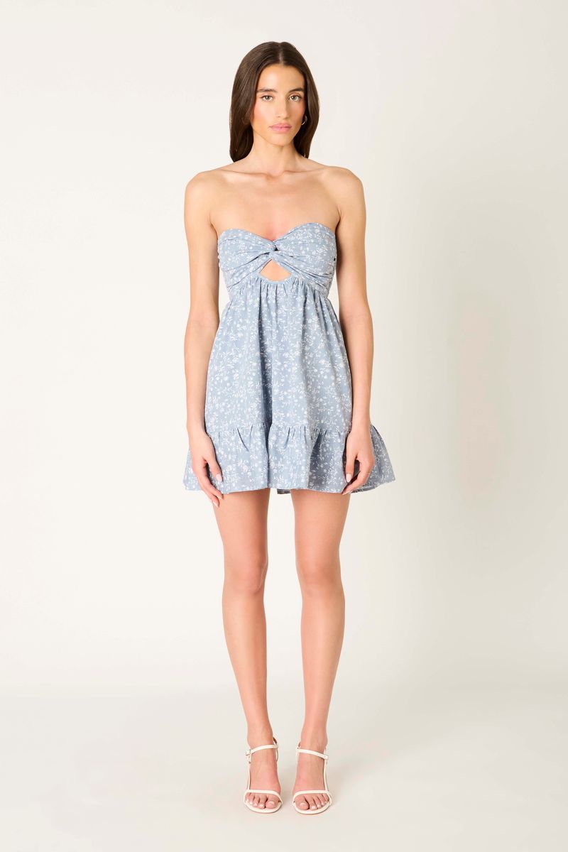 Twisted Keyhole Romper in denim front view