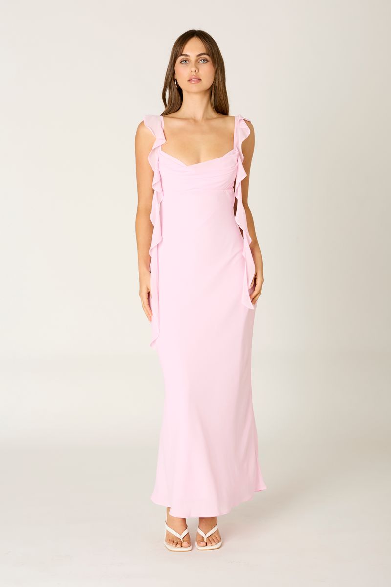 Waterfall Ruffle Maxi Dress in barely pink front view
