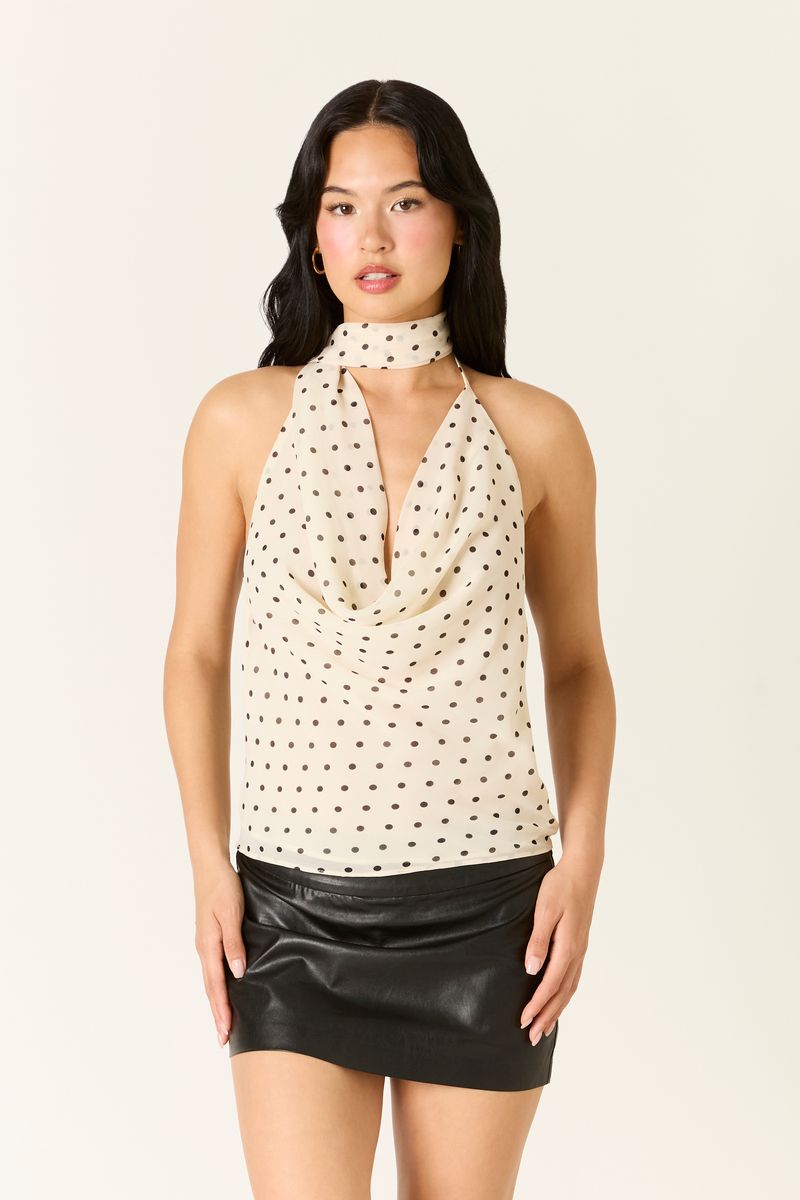 Polka Dot Cowl Neck Top in ecru front view