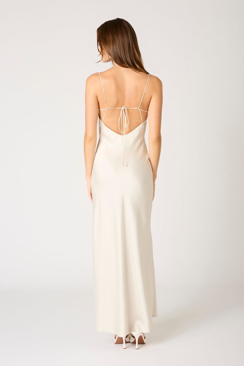 Cowl Neck High Slit Gown in cream back view 